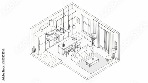Modern Open Plan Living Space With Kitchen and Dining Area.