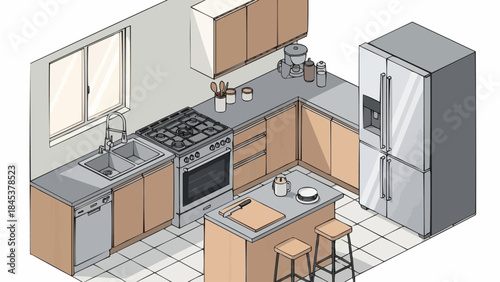 Modern Kitchen Interior Design with Island and Appliances.