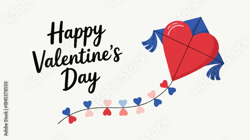 A red heart shaped kite flies with colorful heart garland on a white background with happy valentine's day text
