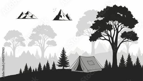 Tent in a forest camping scene with mountains in the background.