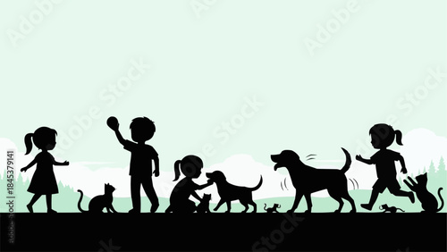 Children and pets playing together in a park silhouette.