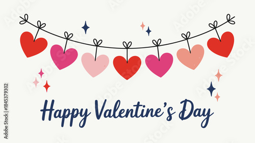A flat hand drawn illustration of a string of colorful hearts and stars on a white background with happy valentines day text