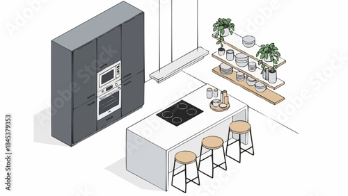 Modern Kitchen Island with Stools and Integrated Appliances.