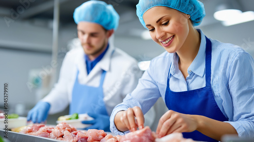 Faceless women working efficiently on fish processing factory line, production and processing of seafood concept, workers sorting fish before packaging, industrial facility, with c