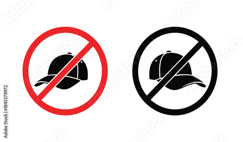 This image displays two variations of a prohibition sign featuring a baseball cap indicating that hats are not allowed in the area