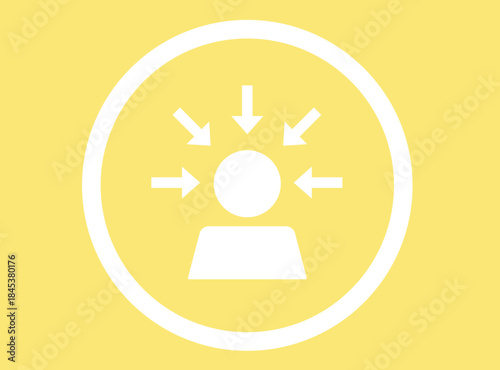 White silhouette of person with arrows pointing inward within a circle on yellow background