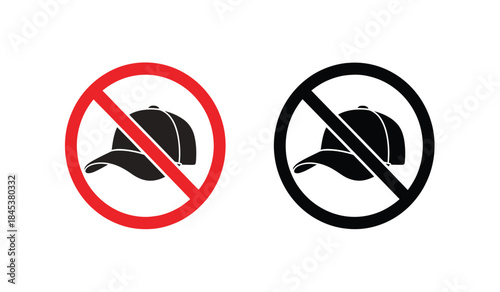 These simple vector graphics depict a prohibition sign featuring a baseball cap shown in both red and black outlines indicating no hats allowed