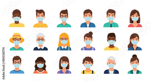 Collection of diverse character avatars, men and women of different ages and ethnicities, all wearing blue medical face masks.