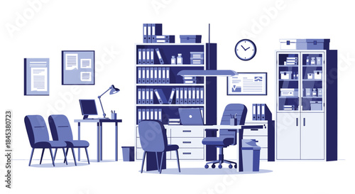 Modern doctor's office interior with a desk, computer, chairs for patients, and shelves with medical files and supplies.