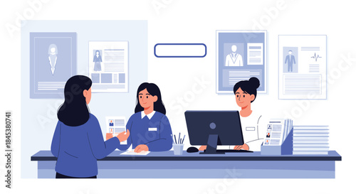 Woman applying for a job or registering at a reception desk, speaking with two female administrative employees in an office.