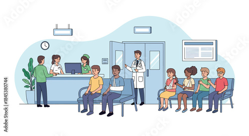 Busy hospital or clinic waiting room with diverse patients, some with injuries, sitting and waiting for their appointments.
