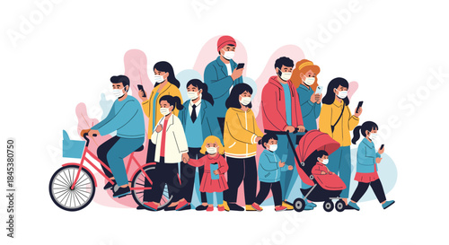 Large, diverse crowd of people including children and adults all wearing face masks, walking and engaging in daily activities.