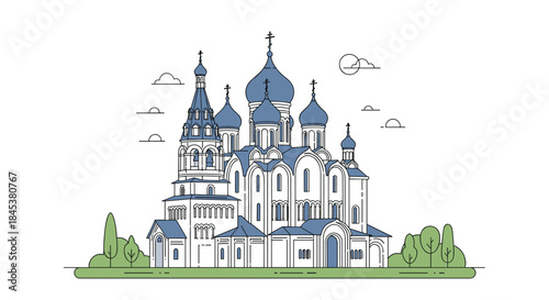 Elegant line art illustration of a historic cathedral with multiple blue onion domes, representing classic Russian architecture.