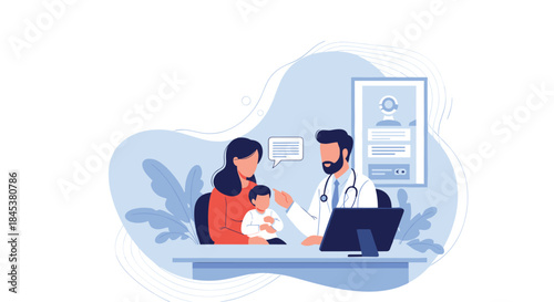 Male pediatrician talking to a mother holding her young child during a medical consultation at a pediatric clinic office.