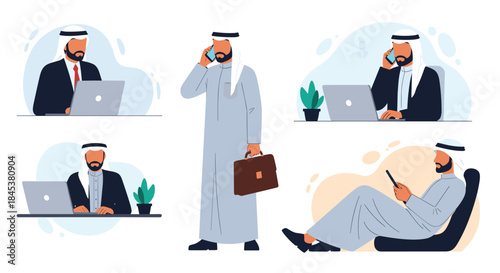 Collection of an Arab businessman in traditional dress working in various situations, using a laptop, and talking on the phone.