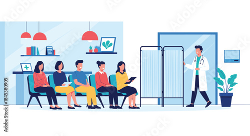 Male doctor in a white coat calling the next patient from a busy waiting room full of people at a hospital or clinic.