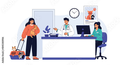 Woman with her cats, one in her arms and others in a carrier, checking in at the reception of a veterinary clinic.