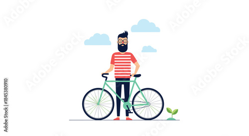 Stylish hipster man with a beard, glasses, and a striped shirt standing next to his green bicycle on a white background.