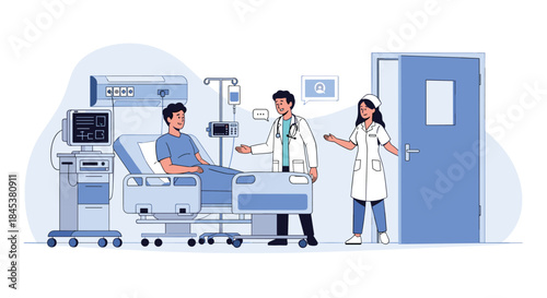 Doctor and nurse visiting a male patient lying in a modern hospital bed, providing care and checking his condition.