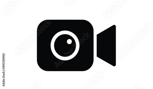 A simple black and white graphic depicts a classic video camera featuring a rounded lens and a rectangular body with a recording button