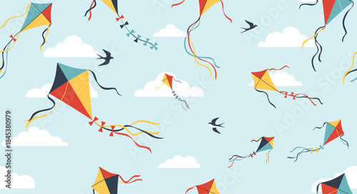 Seamless pattern with colorful kites and swallows flying in a light blue sky with white clouds, evoking a feeling of freedom.