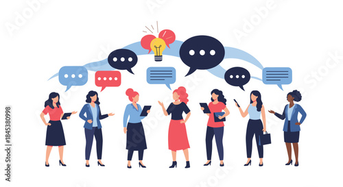 Group of diverse businesswomen collaborating and sharing ideas, with speech bubbles and a lightbulb representing innovation.