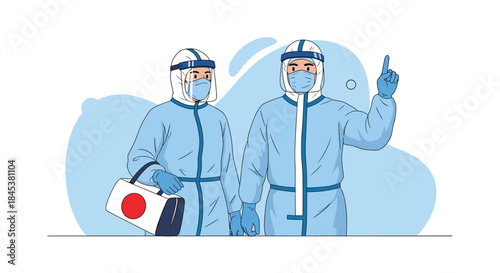 Two medical professionals in full personal protective equipment, including hazmat suits, face shields, and masks during a pandemic.