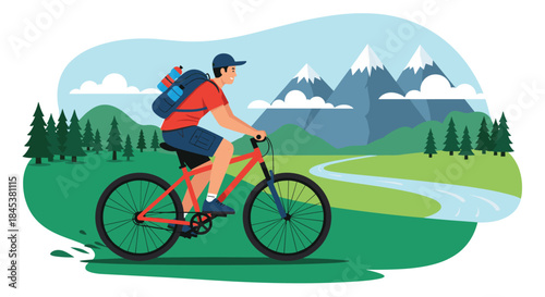 Adventurous young man with a backpack enjoying a scenic bicycle ride through a beautiful mountain landscape with a river and forest.