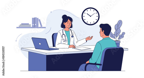 Professional female doctor in a white coat consulting a male patient at her desk in a modern medical office environment.