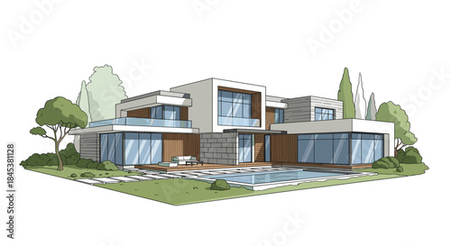 Architectural color sketch of a luxurious modern two-story house with large windows, a swimming pool, and a landscaped garden.