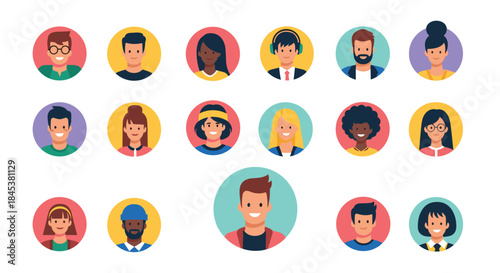 Collection of diverse and colorful user avatars in circular frames, featuring smiling men and women from various ethnicities.