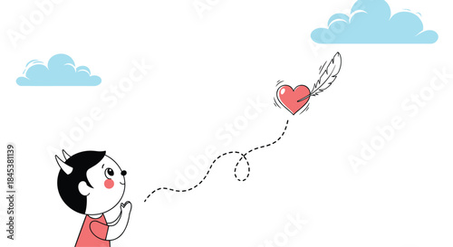 Adorable little devil character blowing a red heart pierced by a feather, sending love and affection on Valentine's Day.