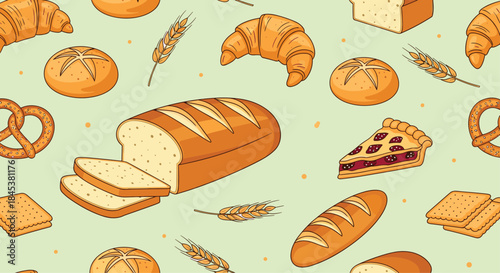 Seamless pattern background of various baked goods, including bread, croissants, pretzels, and pie, for a bakery or cafe theme.