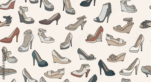 Seamless pattern background featuring a colorful collection of elegant and stylish women's high-heeled shoes and sandals.