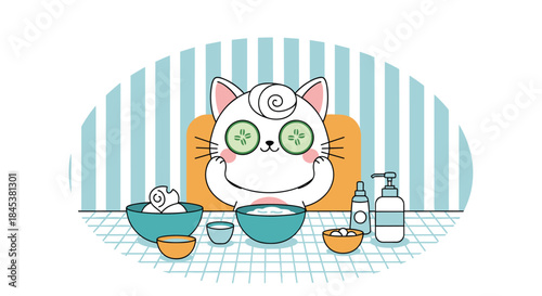 Adorable cartoon cat relaxing with cucumber slices on its eyes, enjoying a spa day with bowls of beauty products.