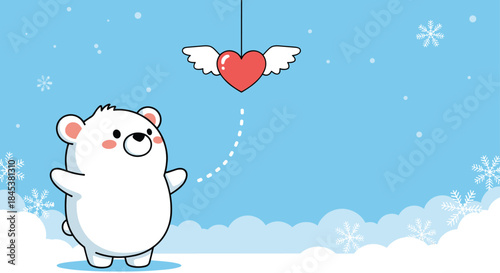 Cute cartoon polar bear in a snowy landscape reaching for a red heart with wings, perfect for a winter valentine's card.