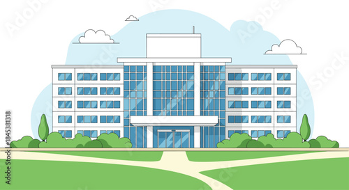 Modern multi-story public or office building exterior with large glass windows, green lawn, and a clear sky background.