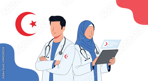Male and female Turkish doctors in lab coats with stethoscopes standing in front of the flag of Turkey, representing healthcare.
