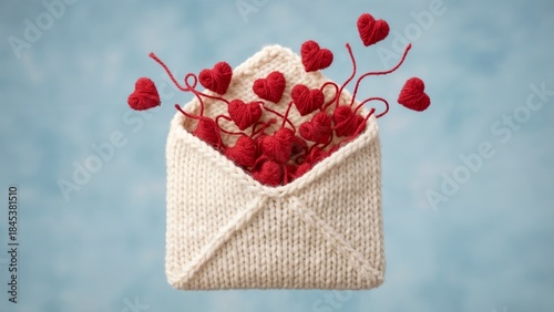 Knitted envelope filled with red yarn hearts on a soft blue background