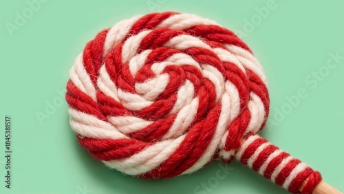 Colorful rope candy swirl in red and white on a mint green background