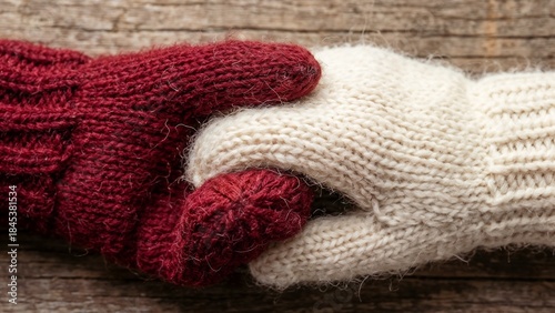 Warm knitted red and white mittens holding hands on a rustic wooden background
