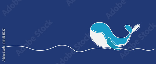 sky blue whale diving swimming isolated Vector illustration clipart symbol sign, One continuous line art drawing for Poster, banner ocean background, doodle single outline copyspace empty blank space