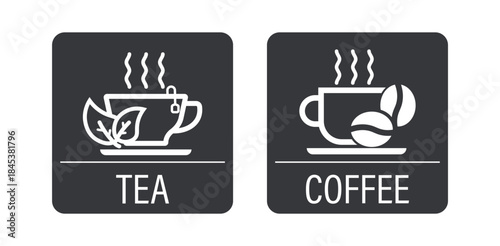 Collection of printable drink labels for tea and coffee featuring mug icons, ideal for restaurant stickers, café branding, beverages, and packaging.