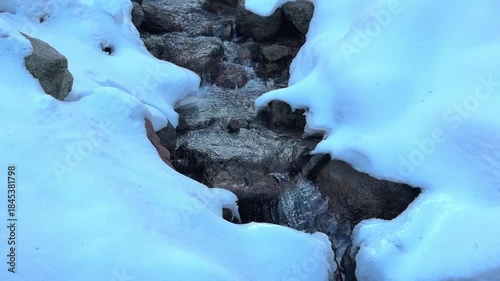 Clear mountain water flowing in a rocky creek through pristine snow. A peaceful and cold winter scene in a natural environment