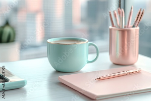 Desk with coffee, notebook and pen