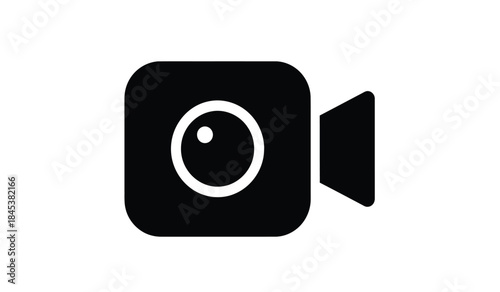 A stark black and white image depicts a classic video camera icon featuring a circular lens and rectangular body symbolizing recording and videography