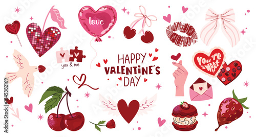 Set of cartoon stickers for Valentine's Day on February 14. Girly patches with bows, romantic elements, love envelope, hearts, rose, sweets, love letter. Vector collection in hand drawn style.