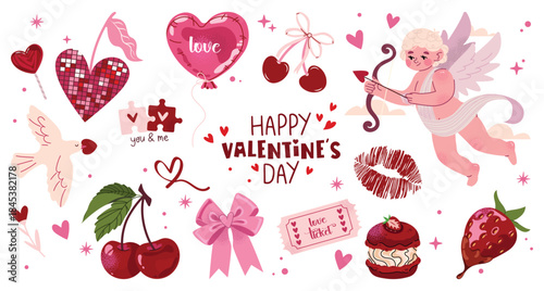 Set of cartoon stickers for Valentine's Day on February 14. Girly patches with bows, romantic elements, love envelope, hearts, cupid, rose, sweets, love letter. Vector collection in hand drawn style.