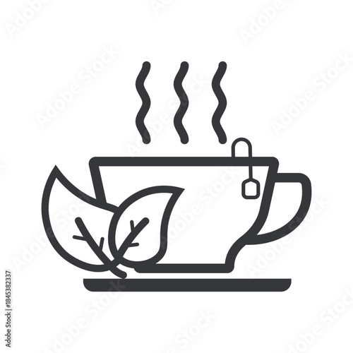 Isolated outline icon of a hot tea cup featuring a fresh leaf and a tea bag string for a contemporary look.