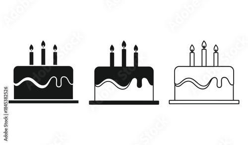 A black and white depiction showcases three different styles of birthday cakes with lit candles on top varying in design high quality professional